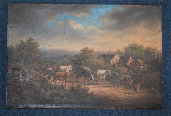 Charles Desan (19th C. Belgian) Cattle drovers on a lane, 9.75 x 14.5in., unframed